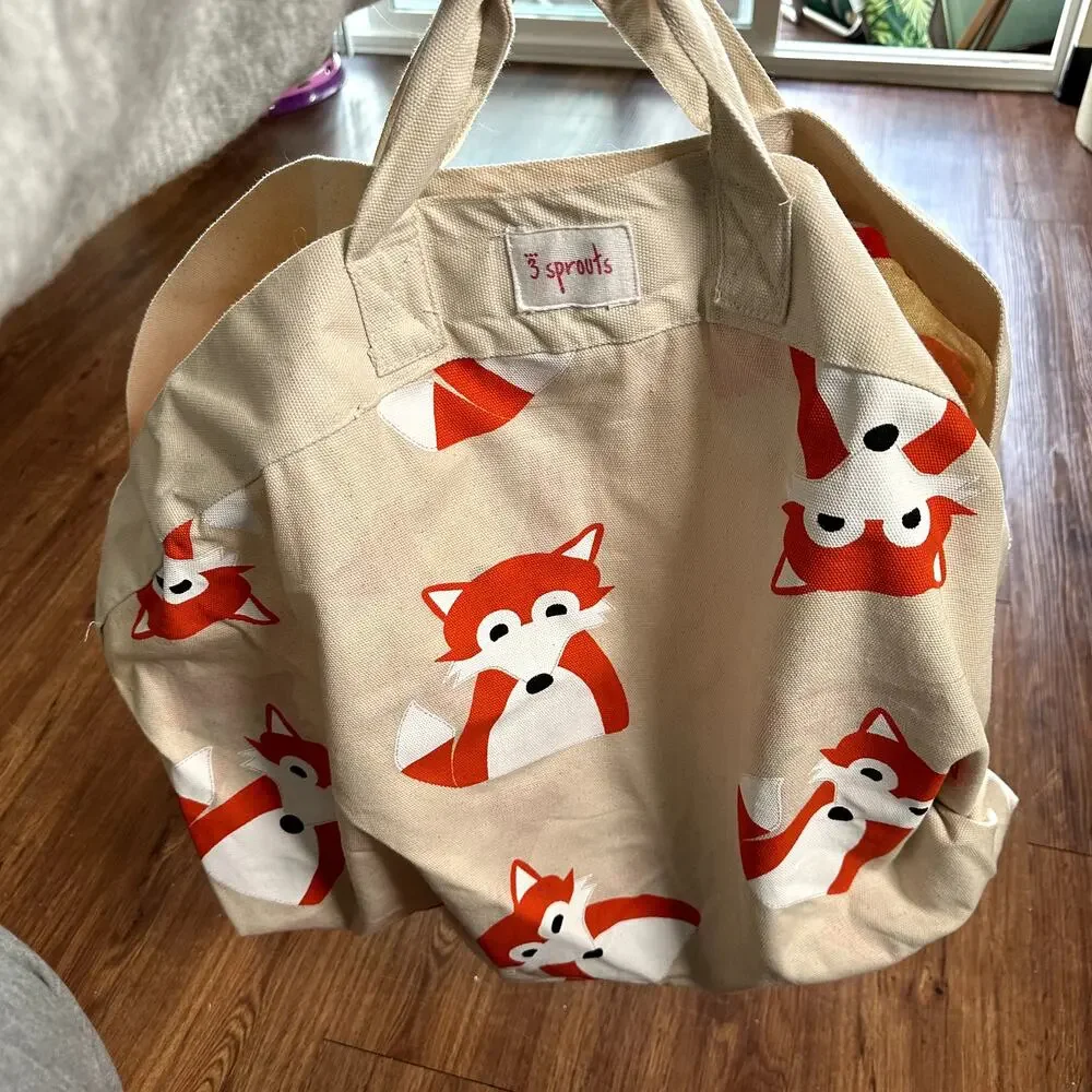 3 Sprouts Convertible Toy Storage Bag and Portable Play Mat, Orange Fox Pattern